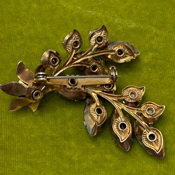 Vintage Rose Gold Vermeil Rhinestone Flower Spray Brooch - Picture 2 of 2